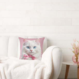 Vit Katt med Rosa Rosett band Kudde