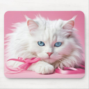 Vit Katt med Rosa Rosett band Musmatta