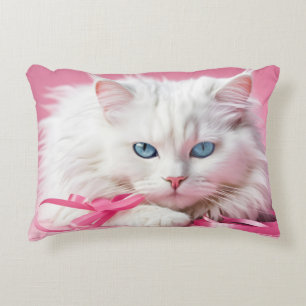 Vit Katt med Rosa Rosett band Prydnadskudde