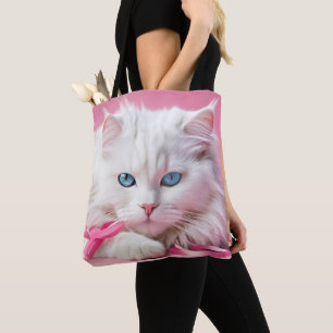 Vit Katt med Rosa Rosett band Tygkasse