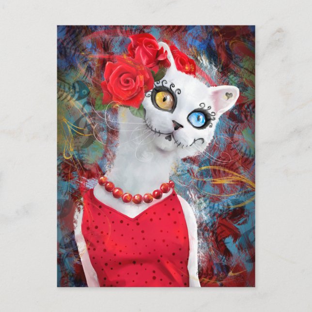 Vit katt med rosor vykort (Framsida)