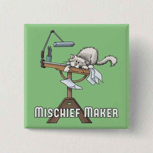 Vit Katt MisChief Maker-knapp Knapp (Framsida)