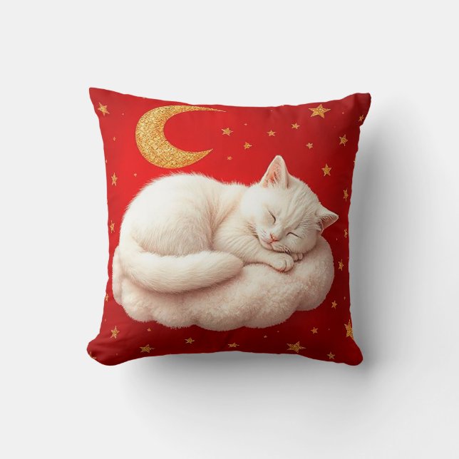 🐱 Vit Katt Mysig Sövande Hem Stil Röd ❤️ Kudde (Framsida)