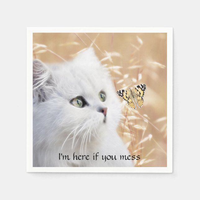 Vit katt och fjäril pappersservett (Framsidan)