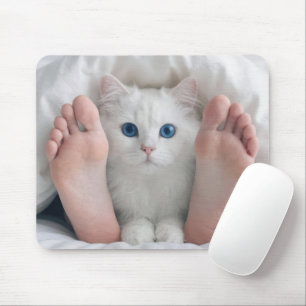 Vit katt och människo fötter under en filt musmatta