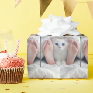 Vit katt och människo fötter under en täckelse presentpapper