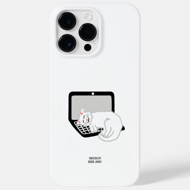 Vit katt på bärbar dator iPhone 14 Pro max. (Baksida)