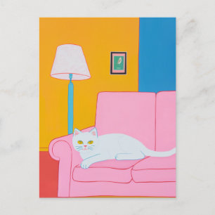 Vit katt på en Rosa soffa Vykort