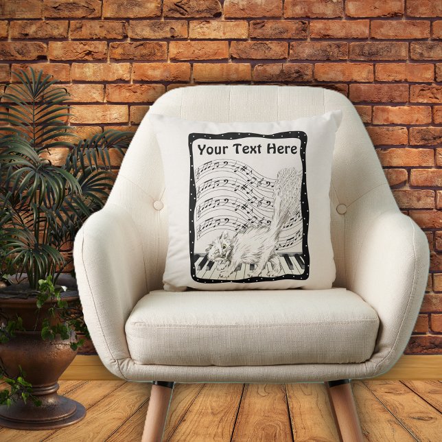 Vit-katt på Piano Music Note Pub Ram Kudde (White Winking cat on piano bars of music notes in black and white frame on decorative pillow.)