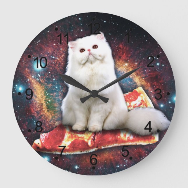 Vit katt på pizza stor klocka (Framsida)