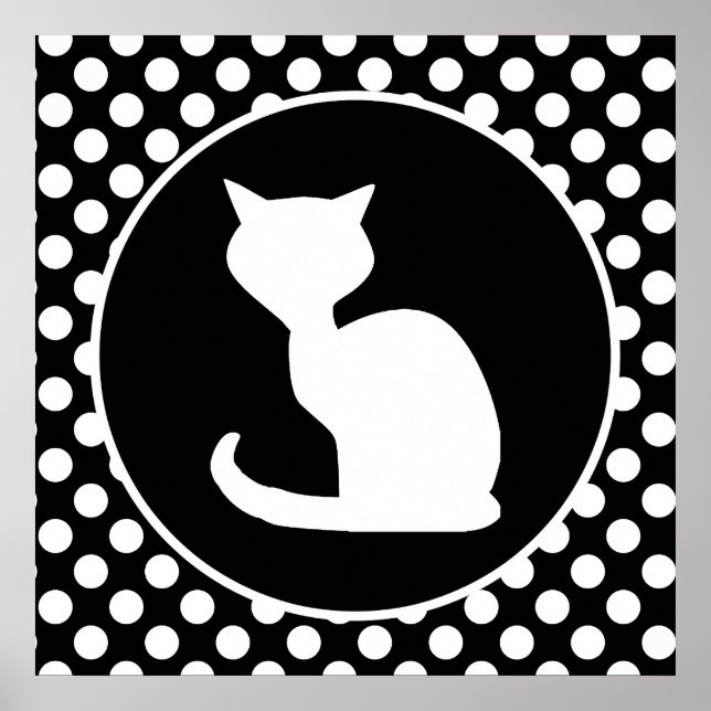 Vit Katt på Svarta och vita Polka dots Poster (Framsidan)