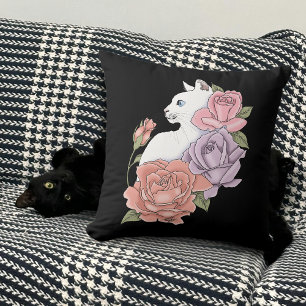 Vit katt Pastell Blommig Svart Romantisk Botanisk Kudde