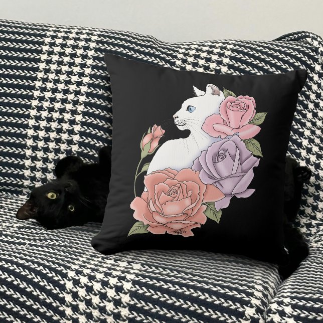 Vit katt Pastell Blommig Svart Romantisk Botanisk Kudde (Skapare uppladdad)