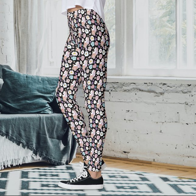 Vit katt Pastell Blommig Svart Romantisk Botanisk Leggings (Skapare uppladdad)