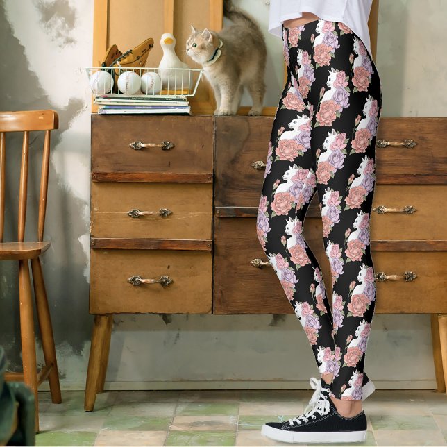 Vit katt Pastell Blommig Svart Romantisk Botanisk Leggings (Skapare uppladdad)