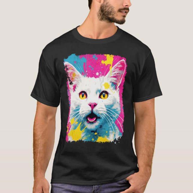 Vit Katt Pop Art T Shirt (Framsida)