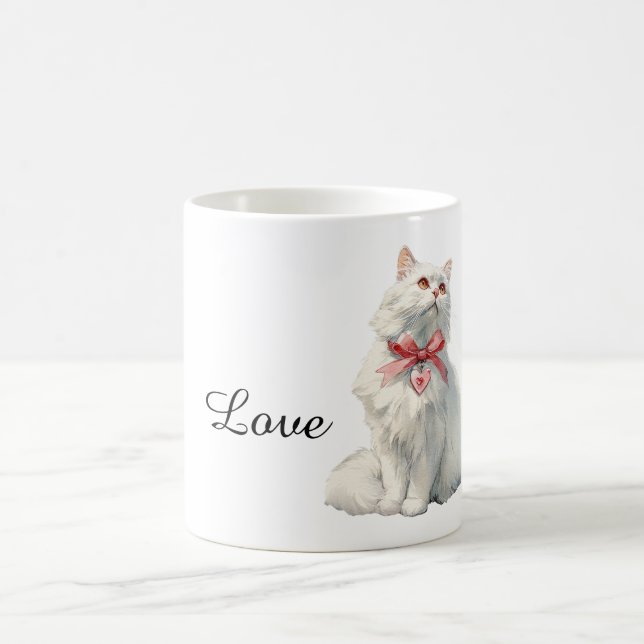Vit katt röd båge hjärta charm kaffemugg (Center)