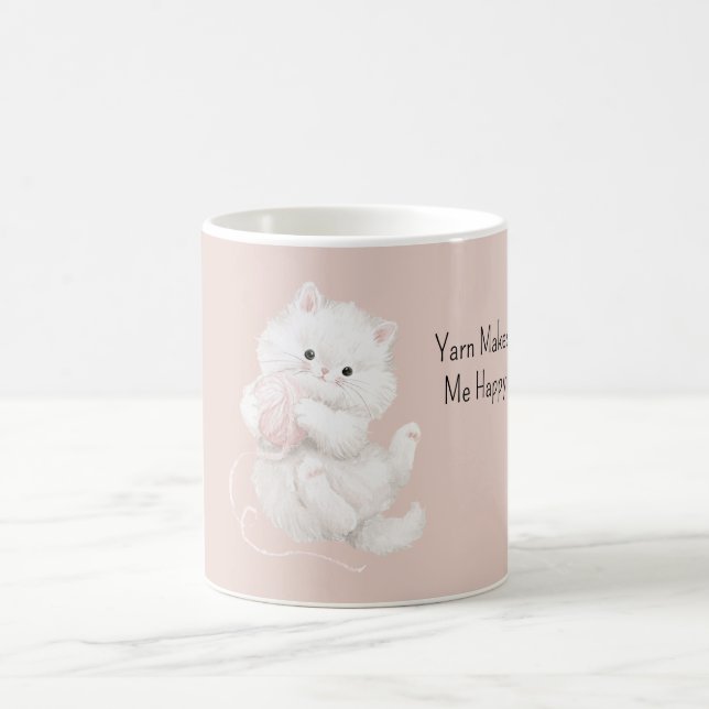 Vit katt rosa garn kaffemugg (Center)
