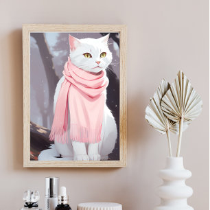 Vit Katt Rosa Outfit Fall Winter Manga Wall Art Poster