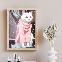 Vit katt rosa outfit Höst Vinter Manga Väggkonst