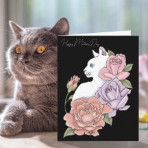 Vit katt Rosa Pastellrosor Svart Mors Dag