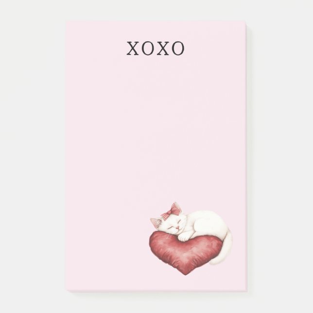 Vit katt rött hjärta kudde post-it block (Framsida)
