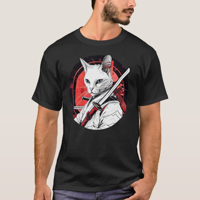Vit Katt Samuraj Rolig Husdjur Krigare T Shirt (Framsida)