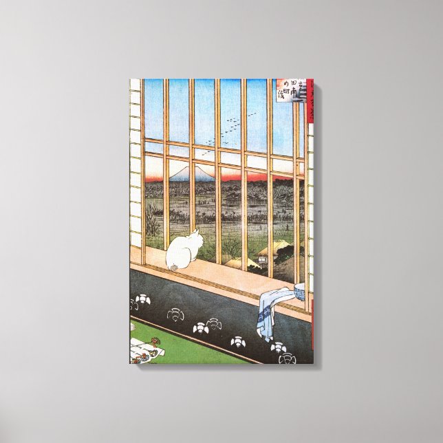 Vit katt sitter vid fönstret, Utagawa Hiroshige Canvastryck (Framsida)