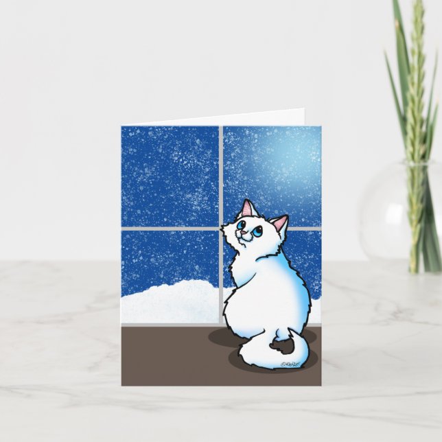 Vit katt Snöigt fönster-kort Kort (Framsida)