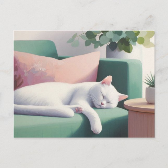 Vit katt som sover på grön soffa / kattälskare  vykort (Framsida)