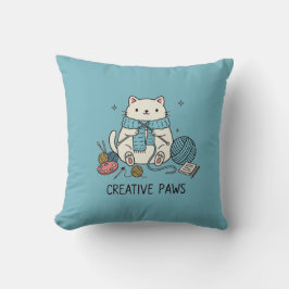 Vit katt som stickar mysigt hobby hem dekorativ bl kudde