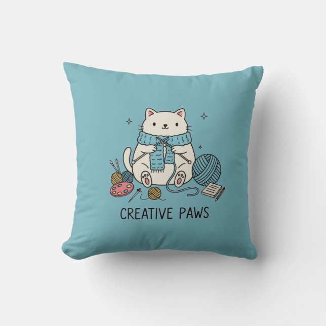 Vit katt som stickar mysigt hobby hem dekorativ bl kudde (Framsida)