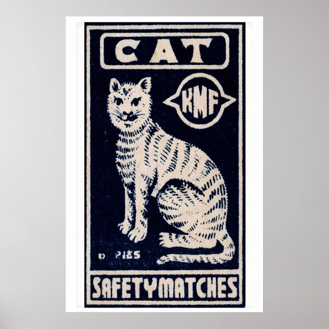 Vit katt tändsticksask konsttryck, indisk vintage  poster (Framsidan)