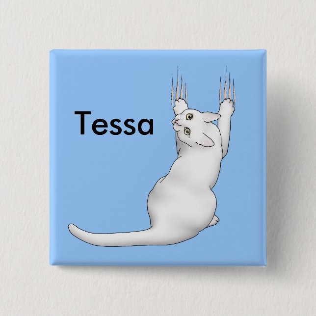 Vit Katt tecknad teckning, kliande och sönderfall Knapp (Framsida)