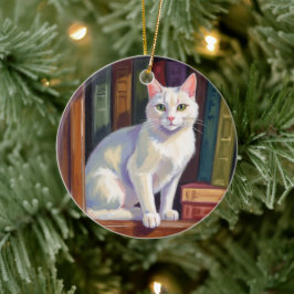 Vit katt teckning julgransprydnad keramik