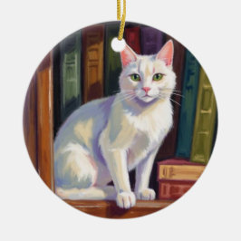 Vit katt teckning julgransprydnad keramik