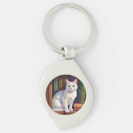 Vit katt teckning swirl silverfärgad nyckelring