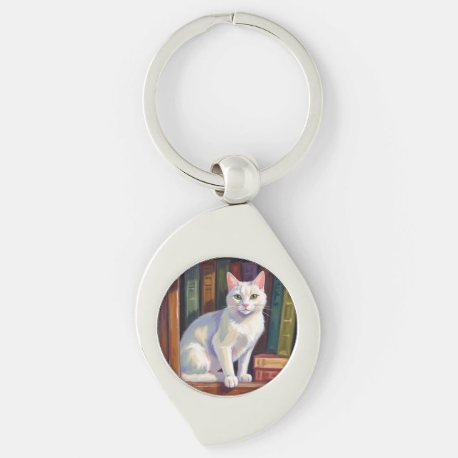 Vit katt teckning swirl silverfärgad nyckelring (Framsidan)