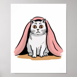 Vit katt under en rosa filt dekal  poster