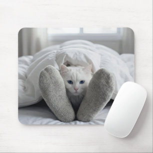 Vit katt under en vit filt musmatta