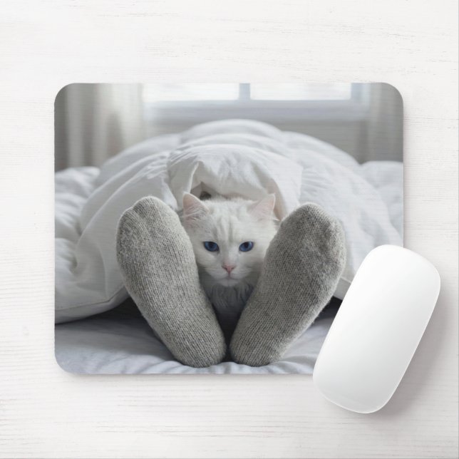 Vit katt under en vit filt musmatta (Med mus)