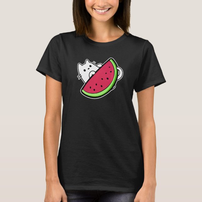 Vit katt under sött vattenmelonsegment t shirt (Framsida)