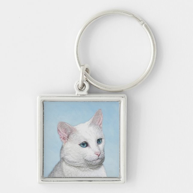 Vit kattfärg - Cute Original Cat Art Fyrkantig Silverfärgad Nyckelring (Framsidan)