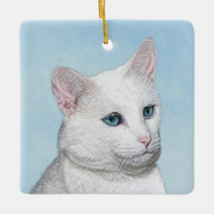 Vit kattfärg - Cute Original Cat Art Julgransprydnad Keramik