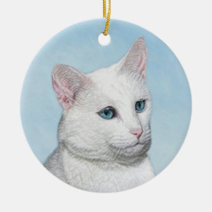 Vit kattfärg - Cute Original Cat Art Julgransprydnad Keramik