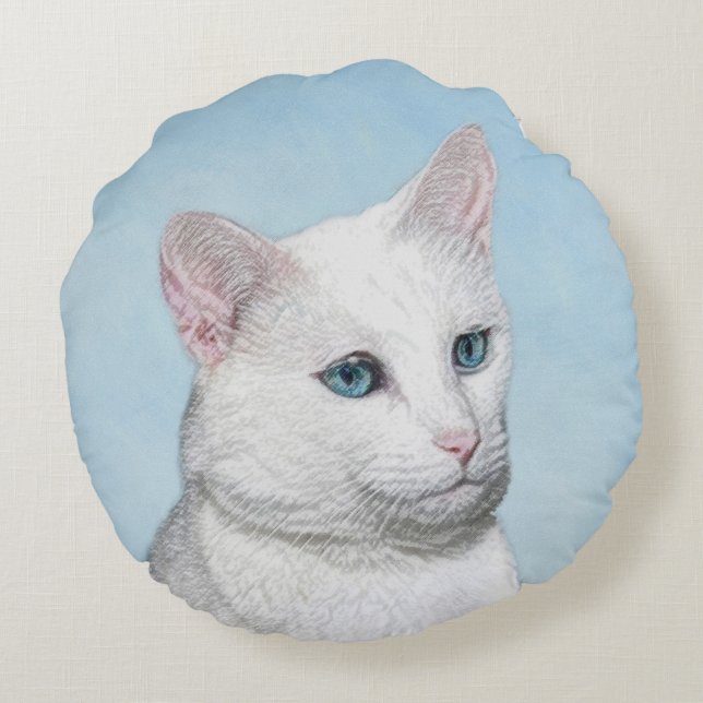 Vit kattfärg - Cute Original Cat Art Rund Kudde (Baksidan)