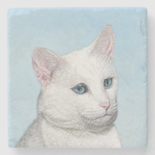 Vit kattfärg - Cute Original Cat Art Stenunderlägg