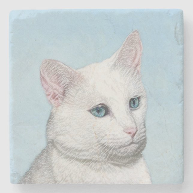 Vit kattfärg - Cute Original Cat Art Stenunderlägg (Framsidan)
