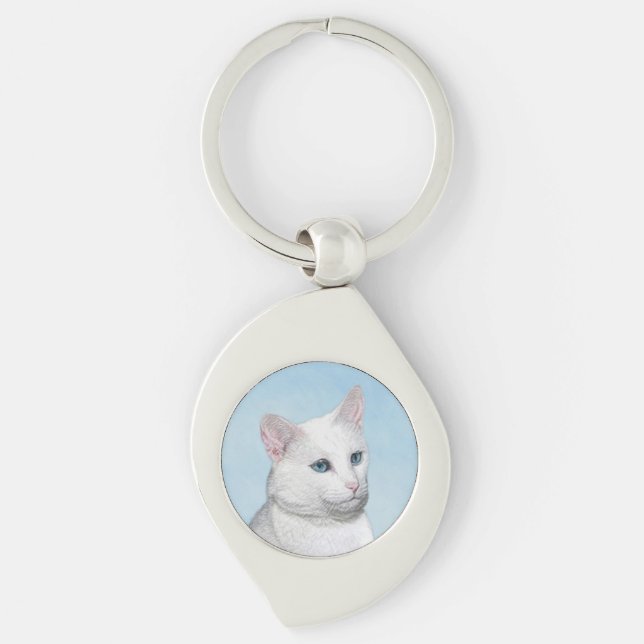 Vit kattfärg - Cute Original Cat Art Swirl Silverfärgad Nyckelring (Framsidan)