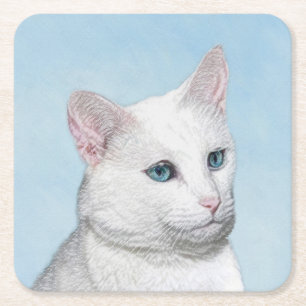 Vit kattfärg - Cute Original Cat Art Underlägg Papper Kvadrat
